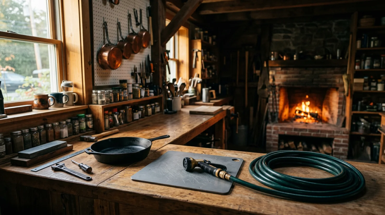 A warm wood workshop-kitchen bench holding a cast-iron skillet, a knife on a cutting board and a hose nozzle laid out like tools, with a lit hearth glowing behind